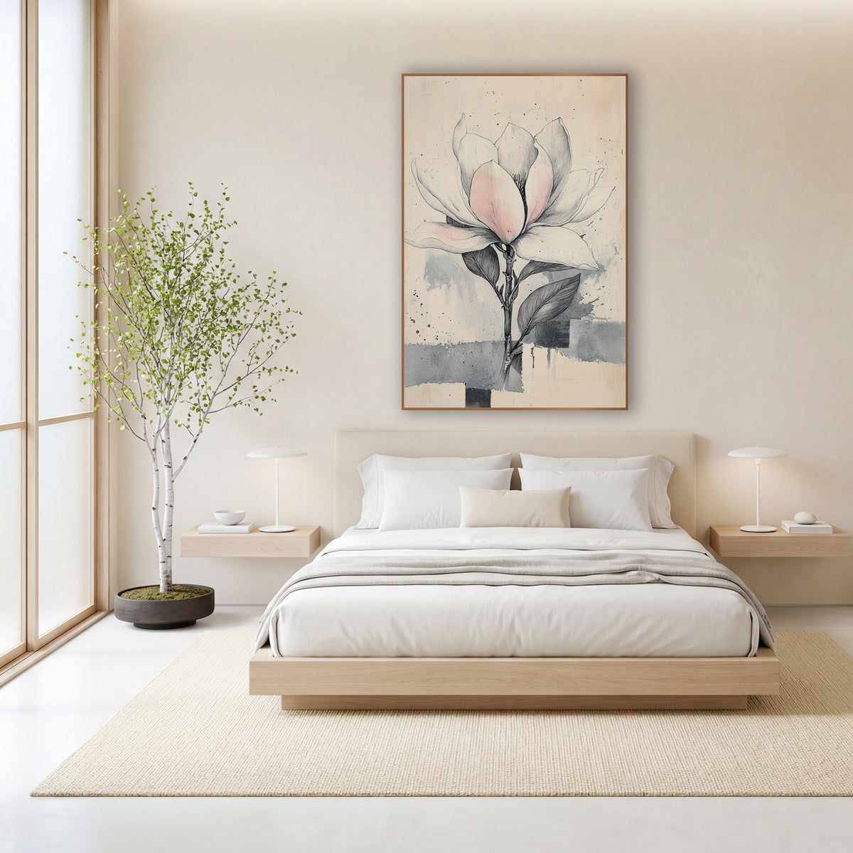 Upright Magnolia Gray Wash Drawing wall art in a calm Japandi-style room – ink drawing of a magnolia flower with blush