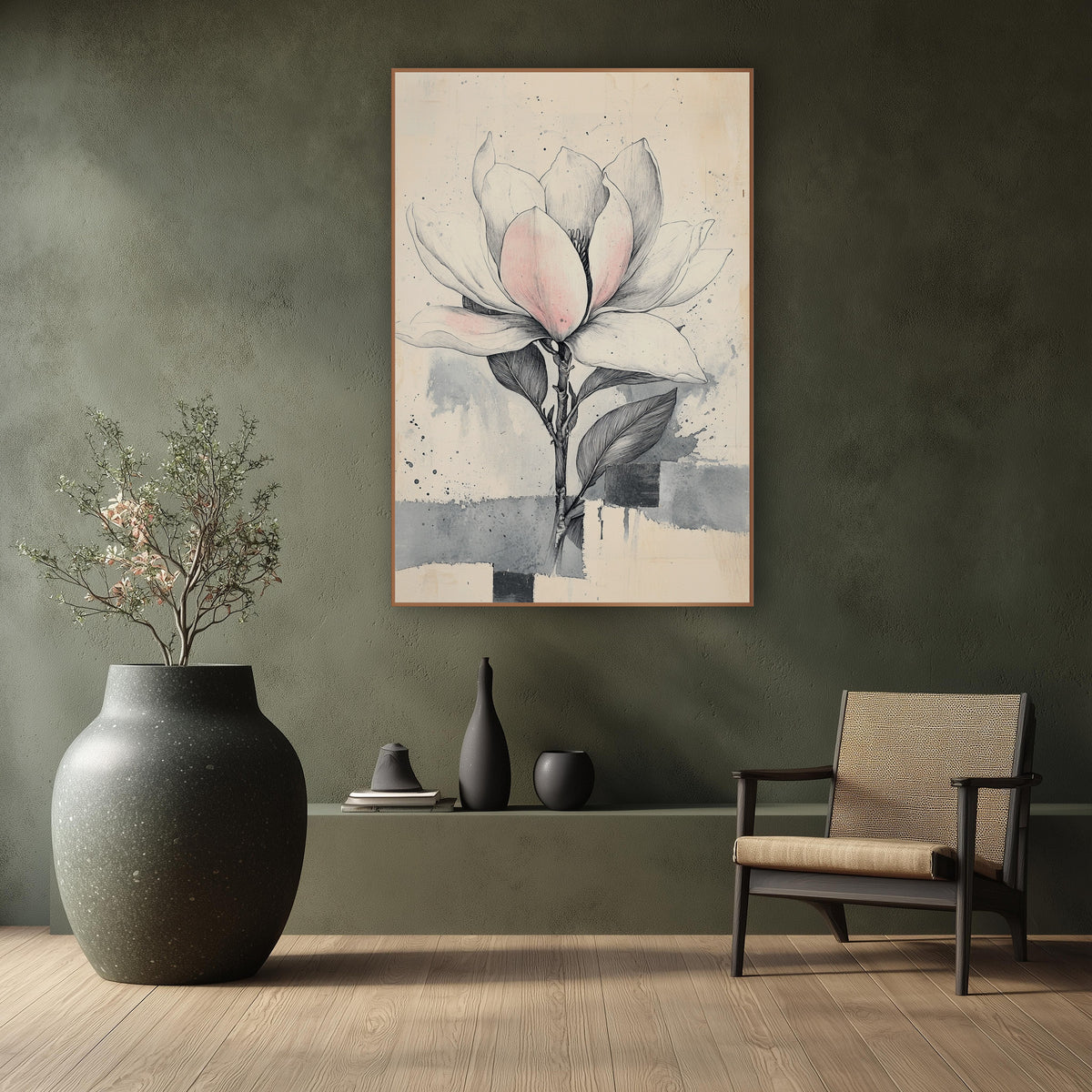 Upright Magnolia Gray Wash Drawing wall art in a calm Japandi-style room – ink drawing of a magnolia flower with blush