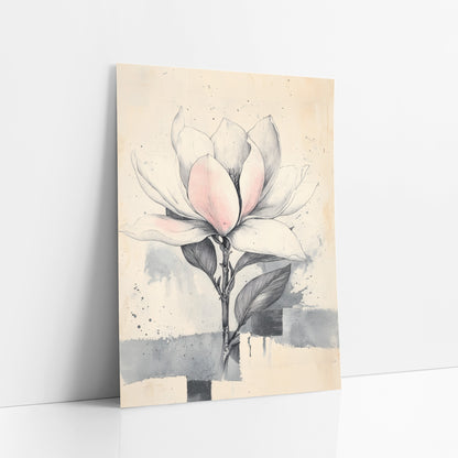 Upright Magnolia Gray Wash Drawing art print leaning against a white wall – ink drawing of a magnolia flower with blush pink