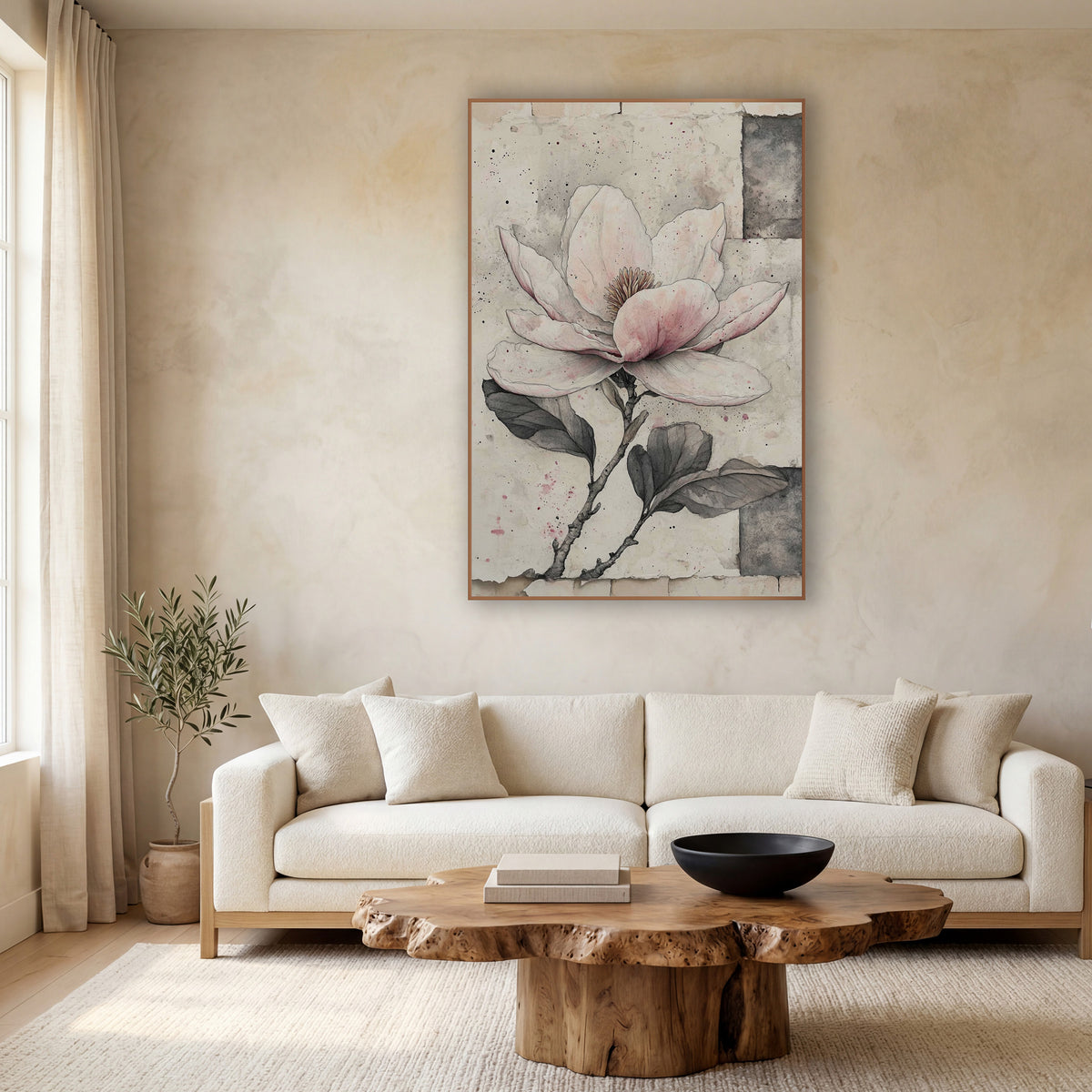 Patchwork Magnolia Single Stem Sketch wall art in a calm Japandi-style room – pink and white magnolia flower with gray