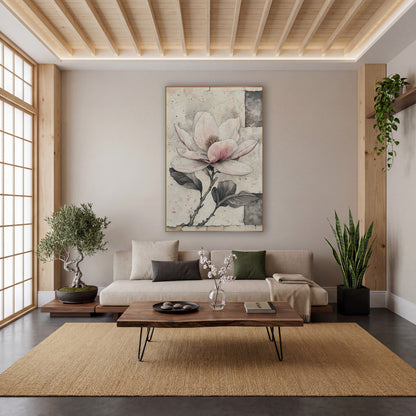 Patchwork Magnolia Single Stem Sketch wall art in a calm Japandi-style room – pink and white magnolia flower with gray