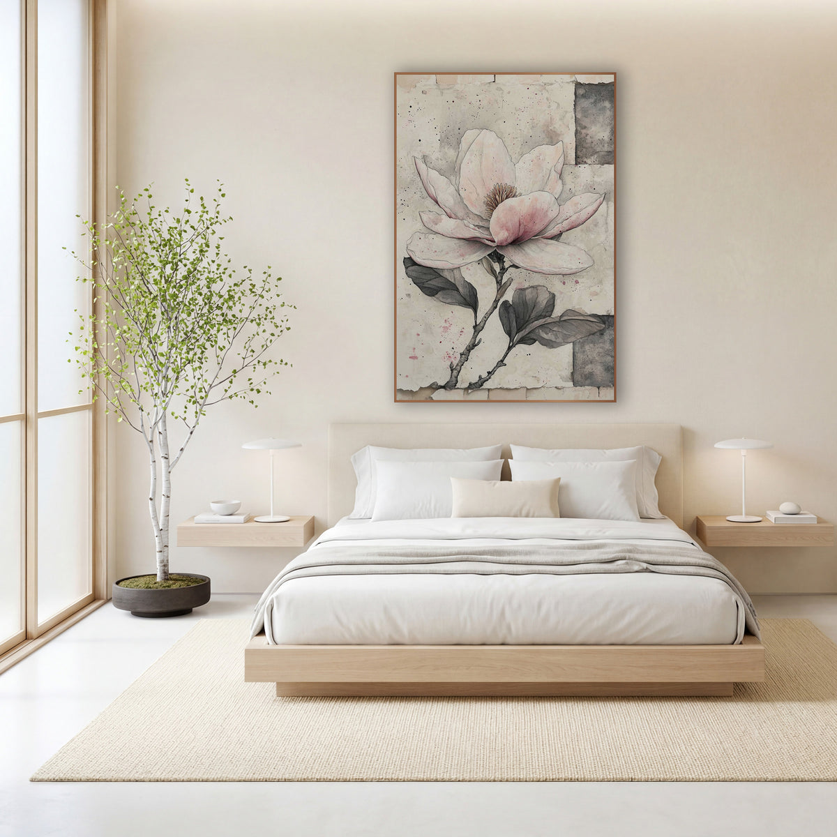 Patchwork Magnolia Single Stem Sketch wall art in a calm Japandi-style room – pink and white magnolia flower with gray