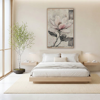 Patchwork Magnolia Single Stem Sketch wall art in a calm Japandi-style room – pink and white magnolia flower with gray