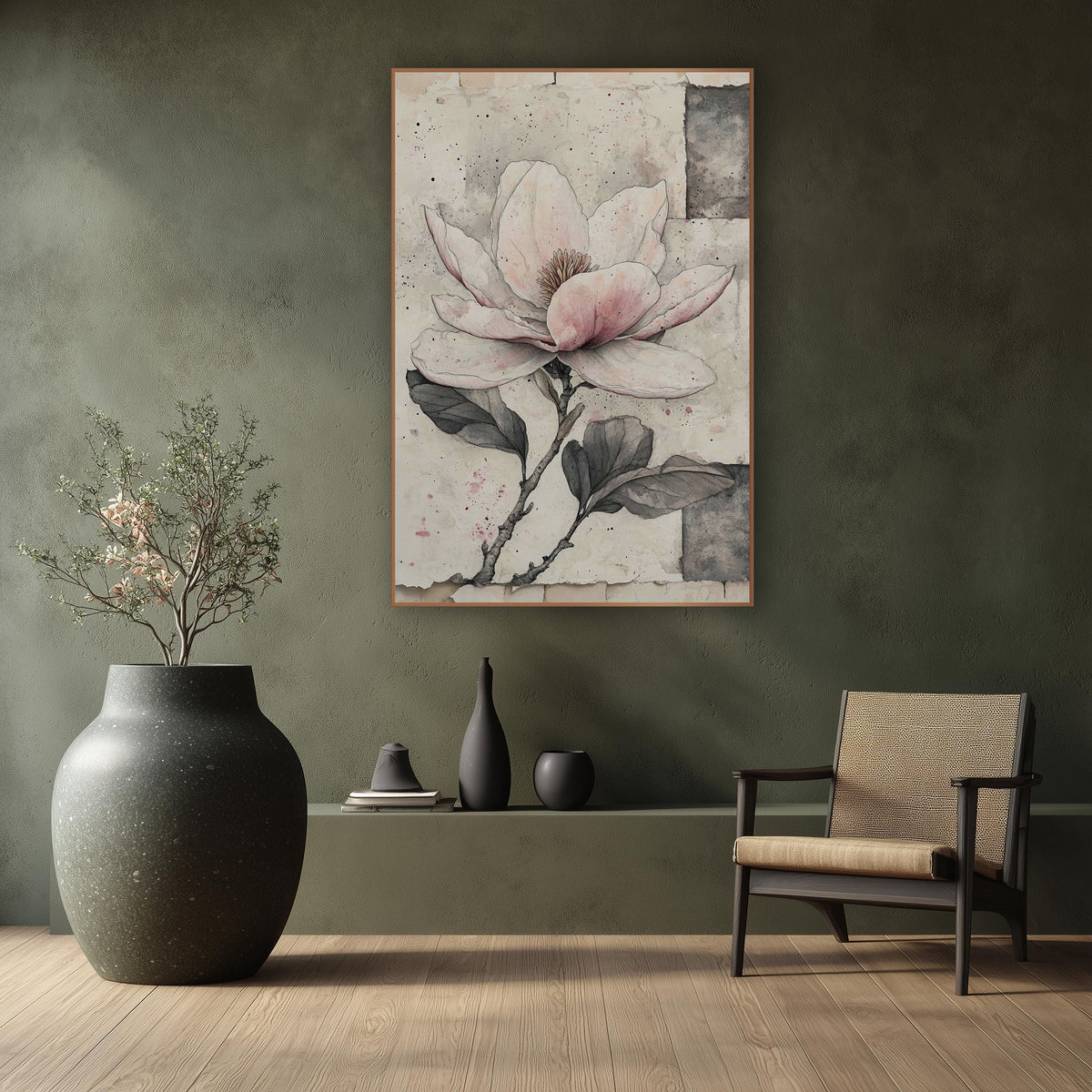 Patchwork Magnolia Single Stem Sketch wall art in a calm Japandi-style room – pink and white magnolia flower with gray