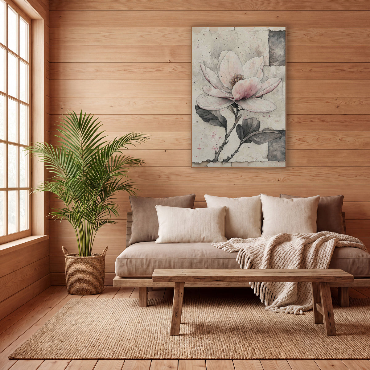 Patchwork Magnolia Single Stem Sketch wall art in a calm Japandi-style room – pink and white magnolia flower with gray