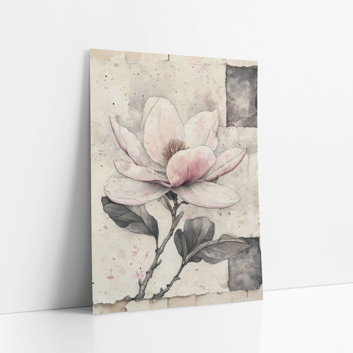Patchwork Magnolia Single Stem Sketch art print leaning against a white wall – pink and white magnolia flower with gray