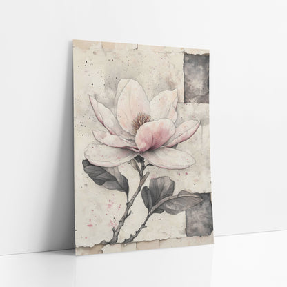 Patchwork Magnolia Single Stem Sketch art print leaning against a white wall – pink and white magnolia flower with gray