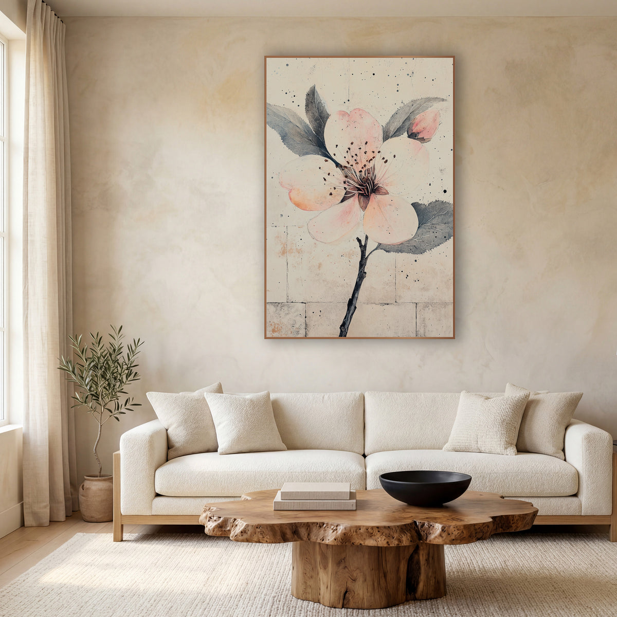 Peach Petal Bud Speckled Botanical wall art in a calm Japandi-style room – blush pink plum blossom with a bud