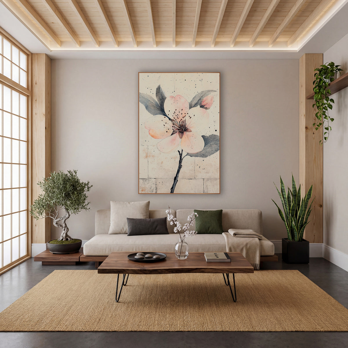 Peach Petal Bud Speckled Botanical wall art in a calm Japandi-style room – blush pink plum blossom with a bud
