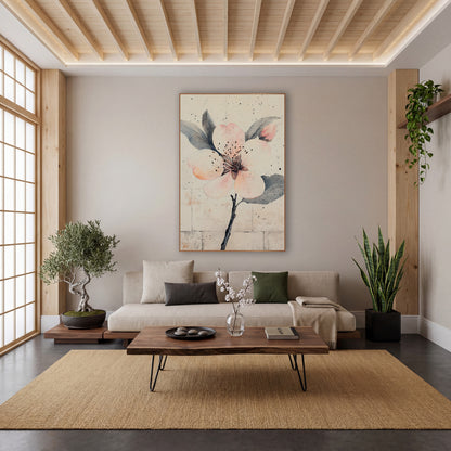Peach Petal Bud Speckled Botanical wall art in a calm Japandi-style room – blush pink plum blossom with a bud