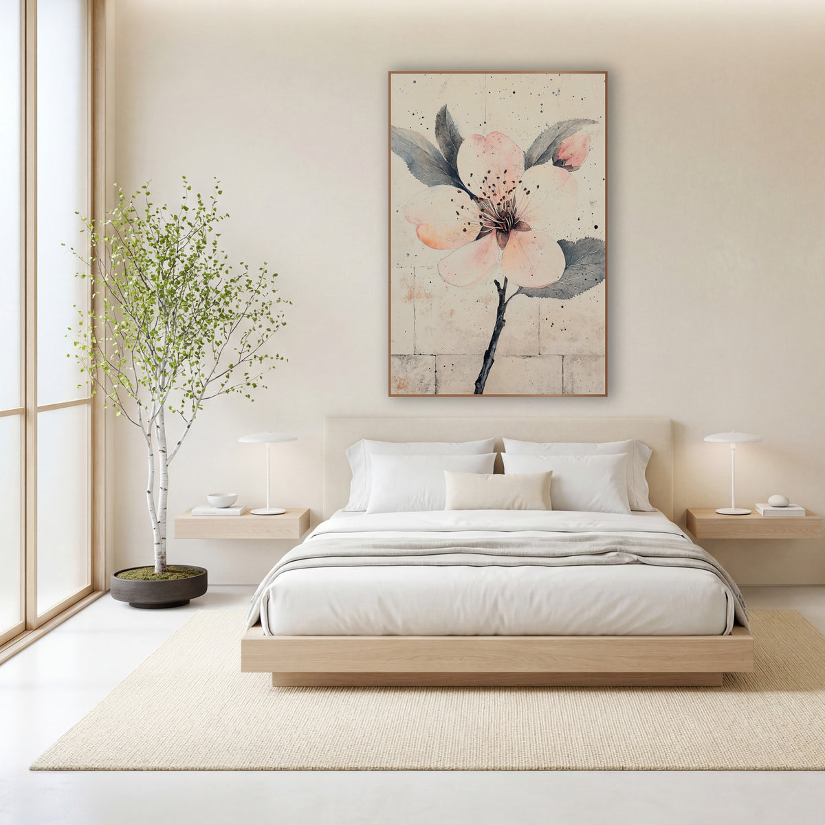 Peach Petal Bud Speckled Botanical wall art in a calm Japandi-style room – blush pink plum blossom with a bud