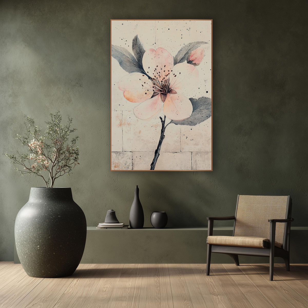 Peach Petal Bud Speckled Botanical wall art in a calm Japandi-style room – blush pink plum blossom with a bud