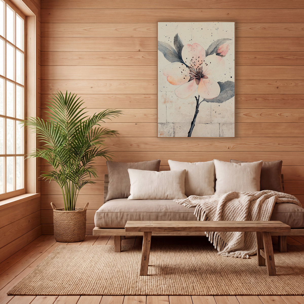 Peach Petal Bud Speckled Botanical wall art in a calm Japandi-style room – blush pink plum blossom with a bud