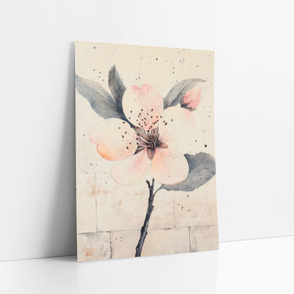 Peach Petal Bud Speckled Botanical art print leaning against a white wall – blush pink plum blossom with a bud and gray-green