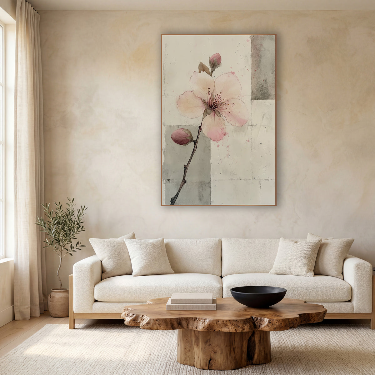 Two Bud Branch Gray Panels wall art in a calm Japandi-style room – pale pink blossom with two buds on a thin branch