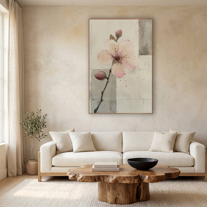 Two Bud Branch Gray Panels wall art in a calm Japandi-style room – pale pink blossom with two buds on a thin branch