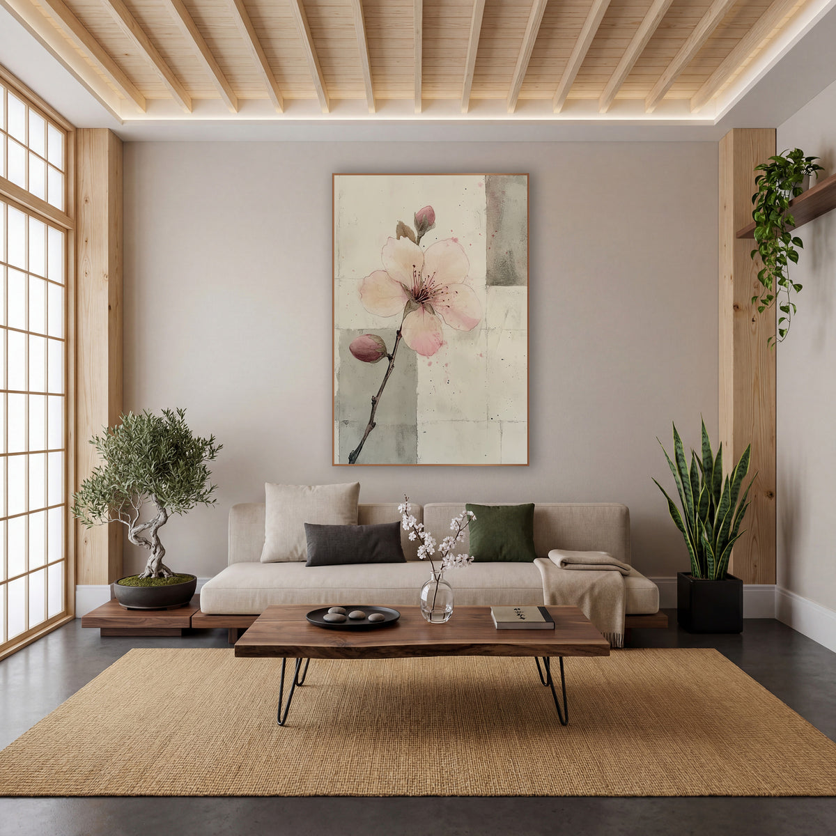 Two Bud Branch Gray Panels wall art in a calm Japandi-style room – pale pink blossom with two buds on a thin branch