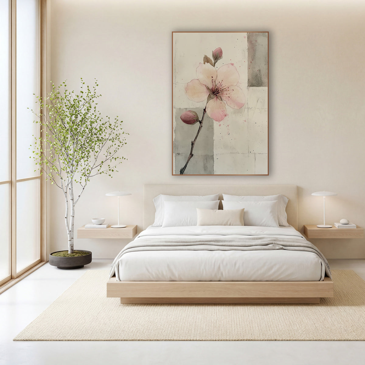Two Bud Branch Gray Panels wall art in a calm Japandi-style room – pale pink blossom with two buds on a thin branch