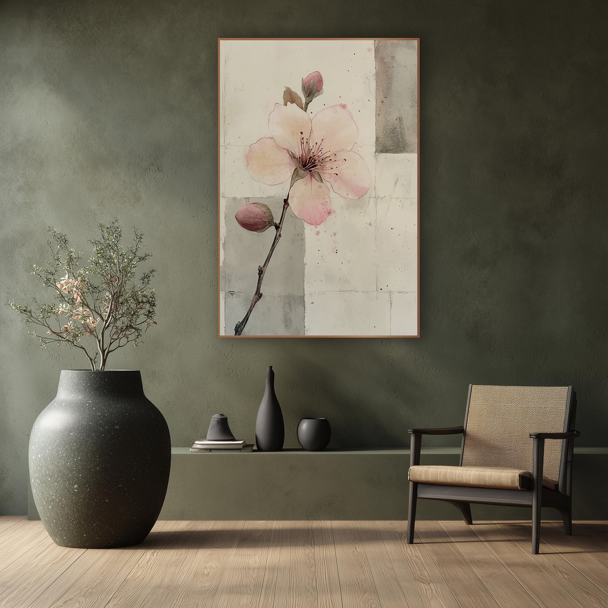 Two Bud Branch Gray Panels wall art in a calm Japandi-style room – pale pink blossom with two buds on a thin branch