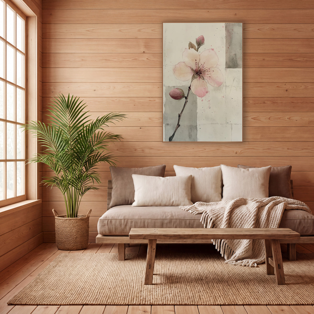 Two Bud Branch Gray Panels wall art in a calm Japandi-style room – pale pink blossom with two buds on a thin branch