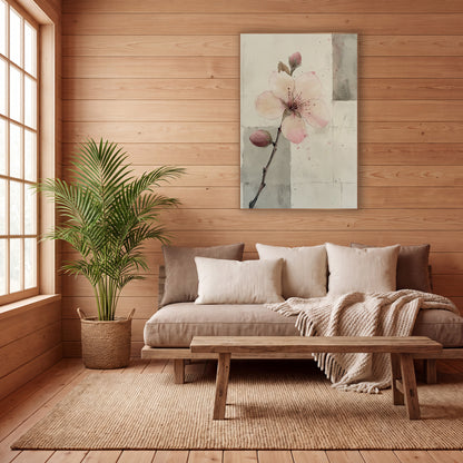 Two Bud Branch Gray Panels wall art in a calm Japandi-style room – pale pink blossom with two buds on a thin branch