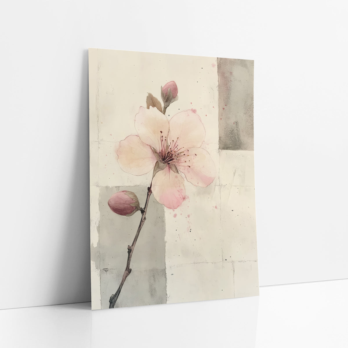 Two Bud Branch Gray Panels art print leaning against a white wall – pale pink blossom with two buds on a thin branch