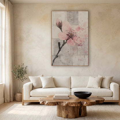 Pink Splatter Bud Branch Botanical wall art in a calm Japandi-style room – pink plum blossom and bud on a dark branch