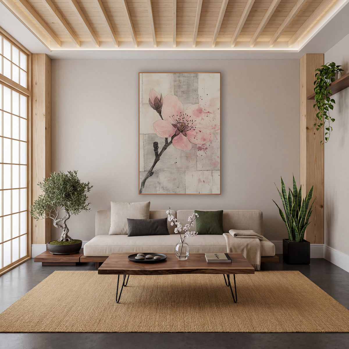 Pink Splatter Bud Branch Botanical wall art in a calm Japandi-style room – pink plum blossom and bud on a dark branch