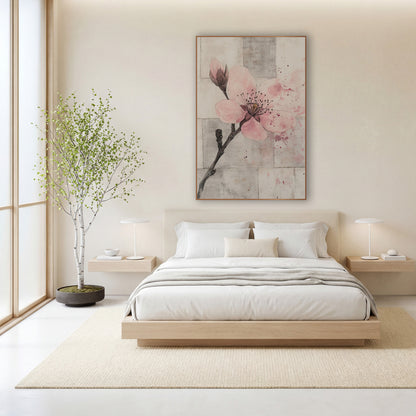 Pink Splatter Bud Branch Botanical wall art in a calm Japandi-style room – pink plum blossom and bud on a dark branch