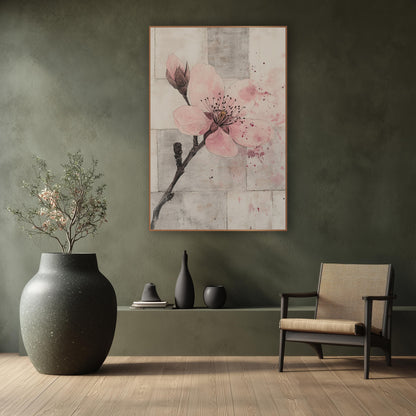 Pink Splatter Bud Branch Botanical wall art in a calm Japandi-style room – pink plum blossom and bud on a dark branch