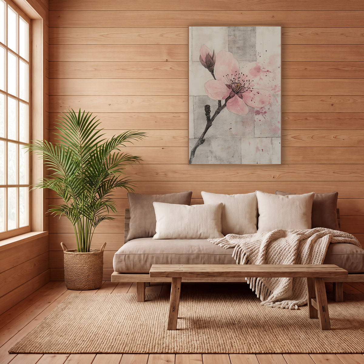 Pink Splatter Bud Branch Botanical wall art in a calm Japandi-style room – pink plum blossom and bud on a dark branch