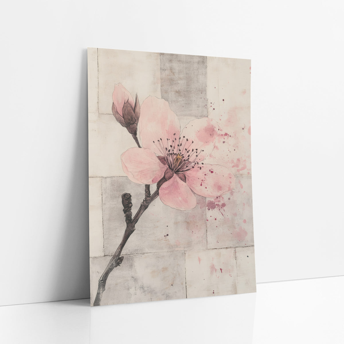 Pink Splatter Bud Branch Botanical art print leaning against a white wall – pink plum blossom and bud on a dark branch
