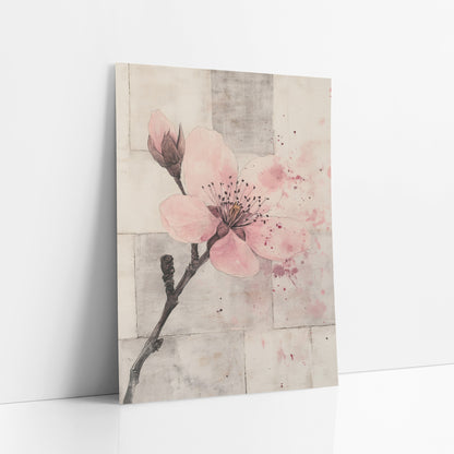 Pink Splatter Bud Branch Botanical art print leaning against a white wall – pink plum blossom and bud on a dark branch