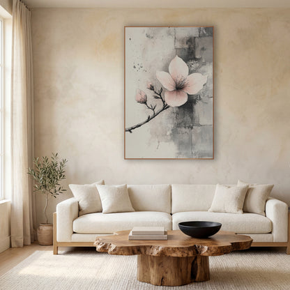 Side Branch Blossom Stone Wall wall art in a calm Japandi-style room – blush pink blossom with two buds on a thin