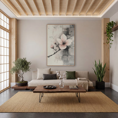 Side Branch Blossom Stone Wall wall art in a calm Japandi-style room – blush pink blossom with two buds on a thin