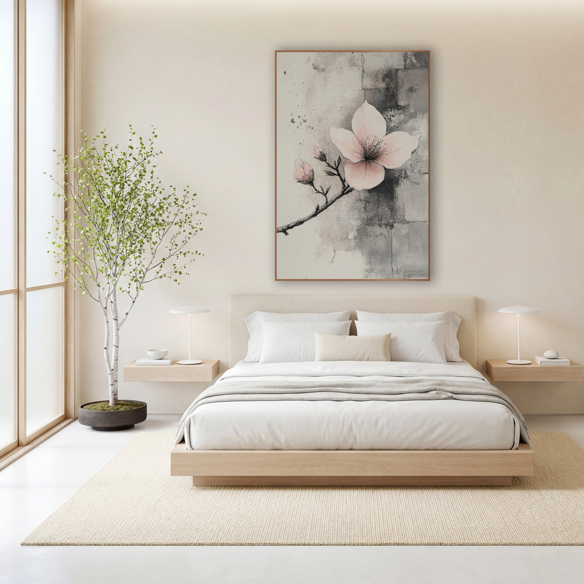 Side Branch Blossom Stone Wall wall art in a calm Japandi-style room – blush pink blossom with two buds on a thin