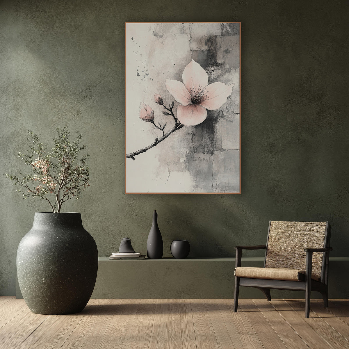 Side Branch Blossom Stone Wall wall art in a calm Japandi-style room – blush pink blossom with two buds on a thin