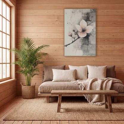 Side Branch Blossom Stone Wall wall art in a calm Japandi-style room – blush pink blossom with two buds on a thin