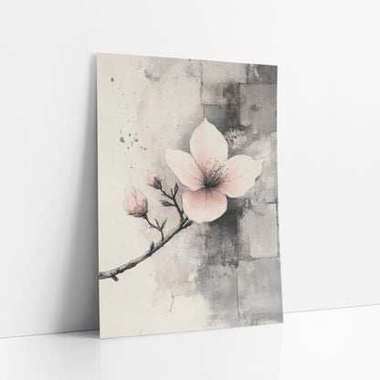 Side Branch Blossom Stone Wall art print leaning against a white wall – blush pink blossom with two buds on a thin branch