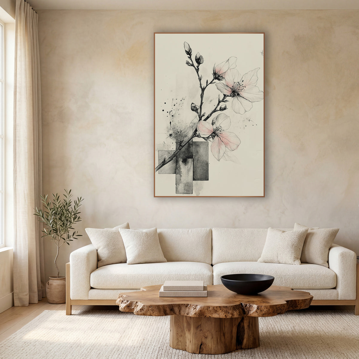 Pale Pink Blossom Branch Ink wall art in a calm Japandi-style room – ink drawing of a blossom branch with pale pink