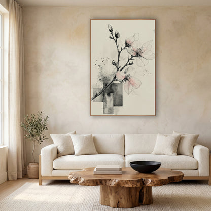 Pale Pink Blossom Branch Ink wall art in a calm Japandi-style room – ink drawing of a blossom branch with pale pink