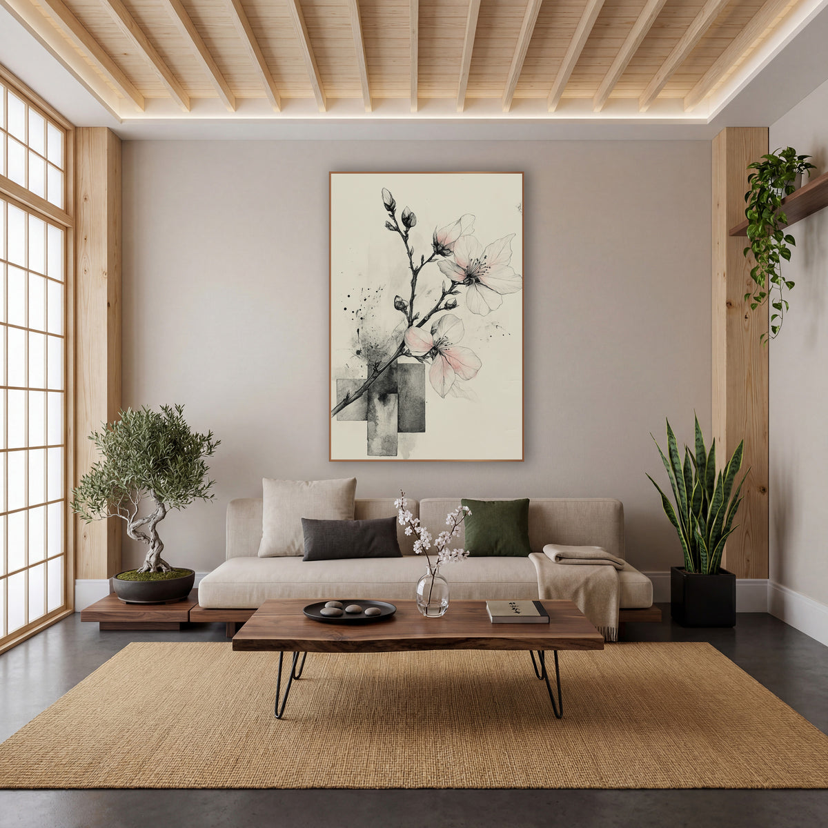 Pale Pink Blossom Branch Ink wall art in a calm Japandi-style room – ink drawing of a blossom branch with pale pink