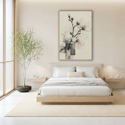 Pale Pink Blossom Branch Ink wall art in a calm Japandi-style room – ink drawing of a blossom branch with pale pink