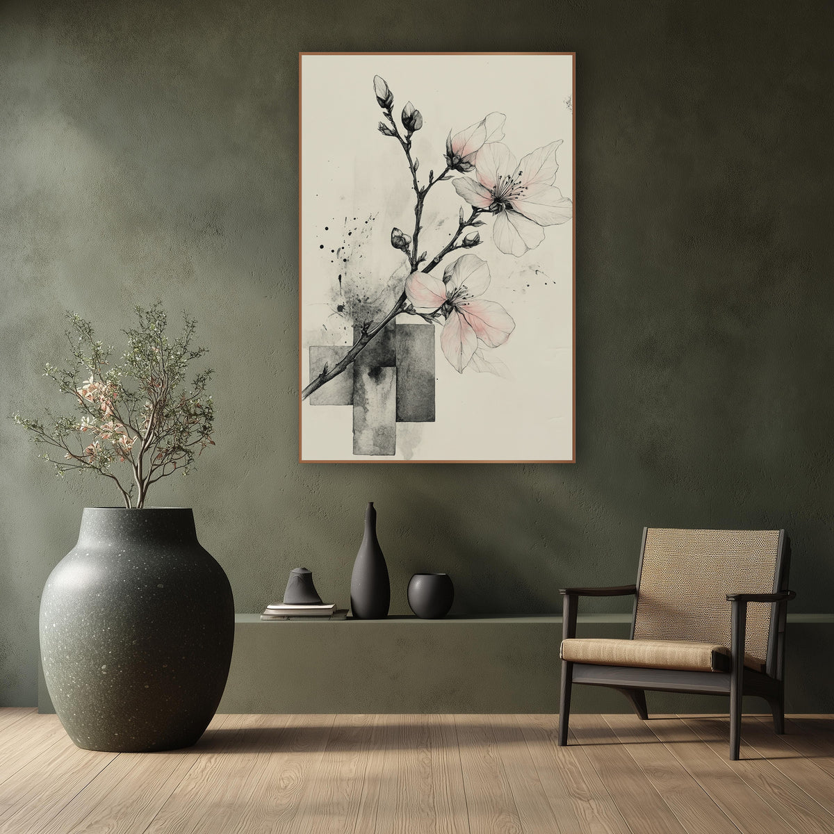 Pale Pink Blossom Branch Ink wall art in a calm Japandi-style room – ink drawing of a blossom branch with pale pink