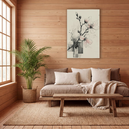 Pale Pink Blossom Branch Ink wall art in a calm Japandi-style room – ink drawing of a blossom branch with pale pink