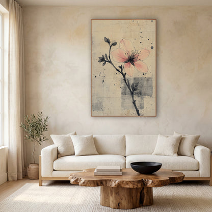Inked Bud Stem Peach Bloom wall art in a calm Japandi-style room – pink blossom on a thin black inked branch