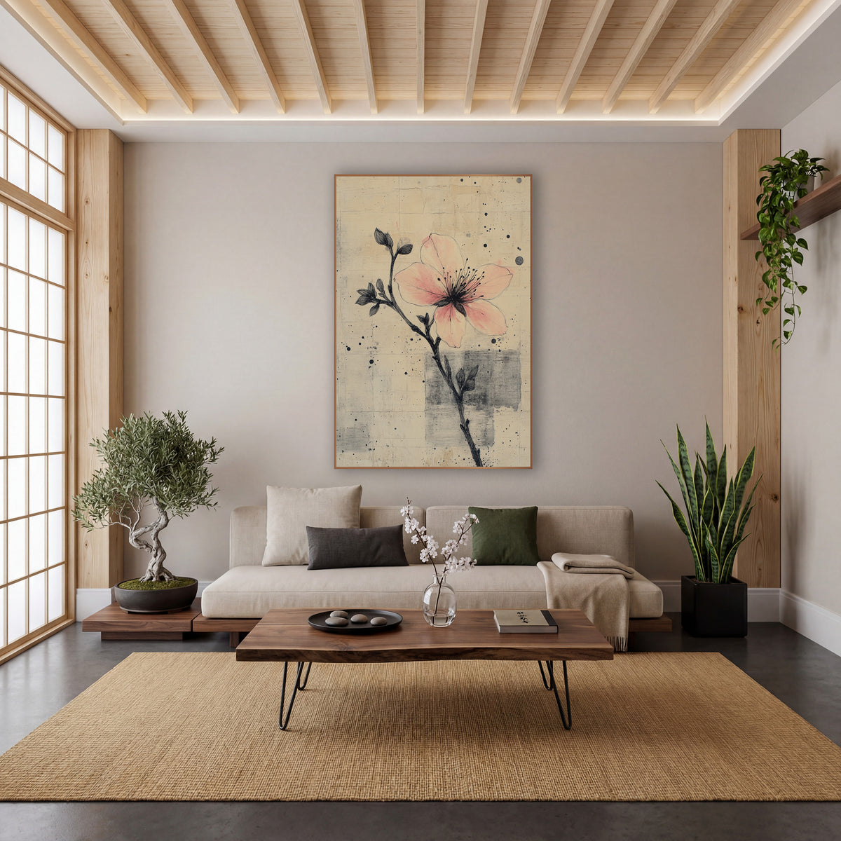 Inked Bud Stem Peach Bloom wall art in a calm Japandi-style room – pink blossom on a thin black inked branch