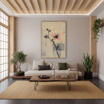 Inked Bud Stem Peach Bloom wall art in a calm Japandi-style room – pink blossom on a thin black inked branch