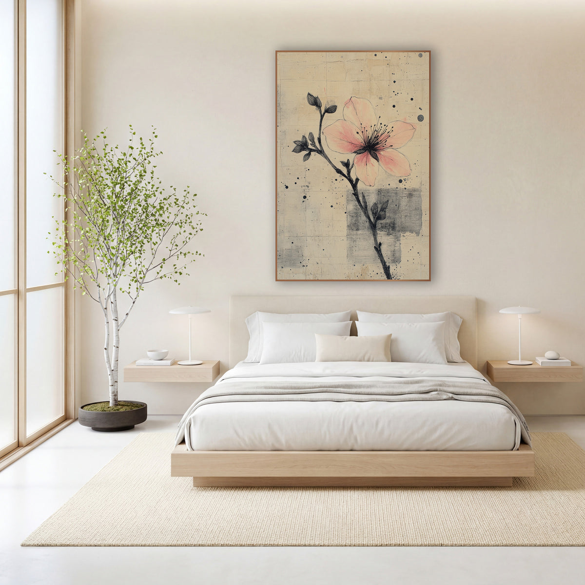 Inked Bud Stem Peach Bloom wall art in a calm Japandi-style room – pink blossom on a thin black inked branch
