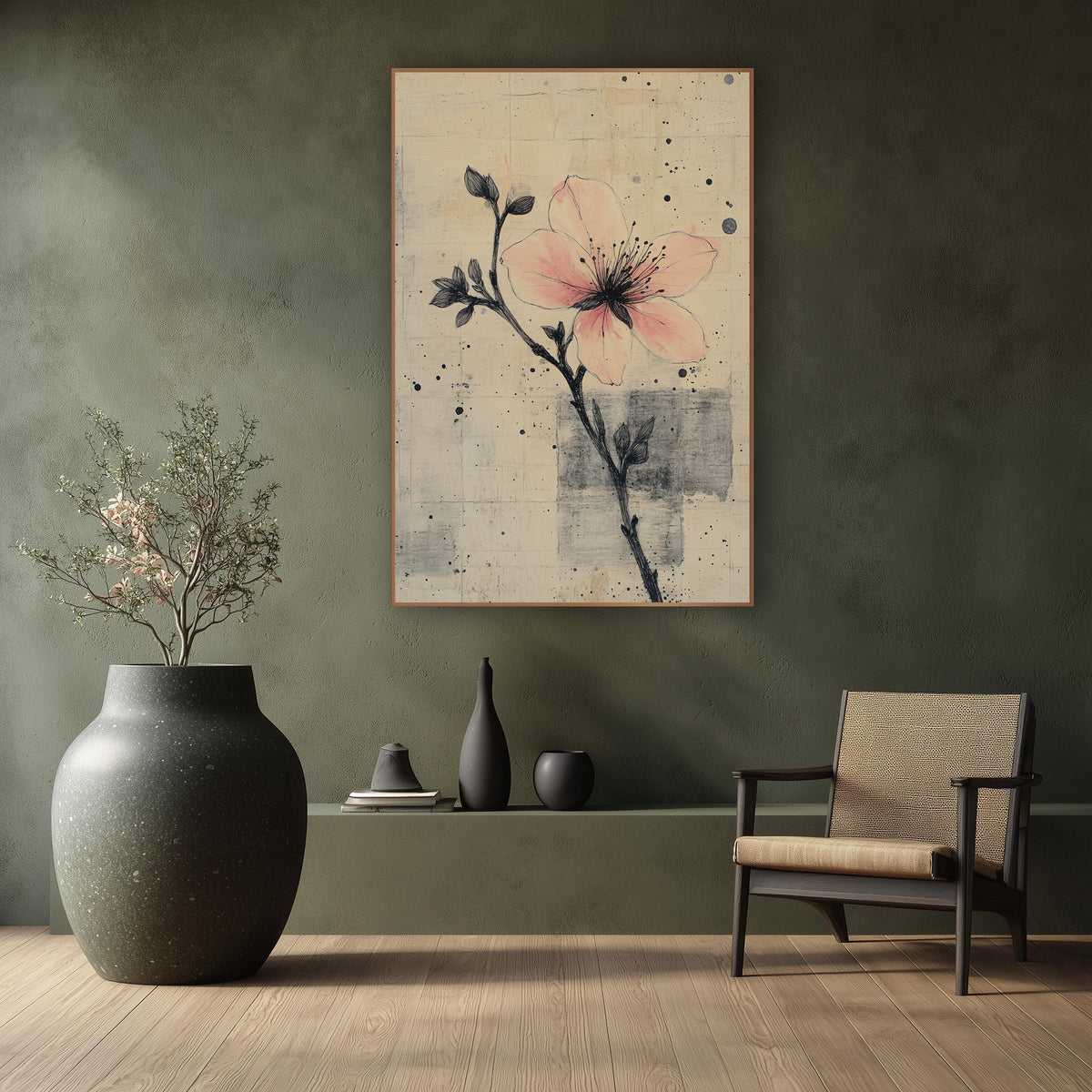 Inked Bud Stem Peach Bloom wall art in a calm Japandi-style room – pink blossom on a thin black inked branch